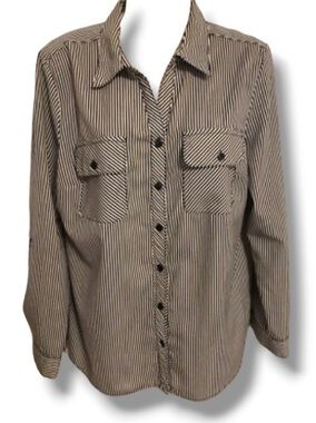 Notations Women’s Black & White Striped Collared Top Career Office Dressy Blouse